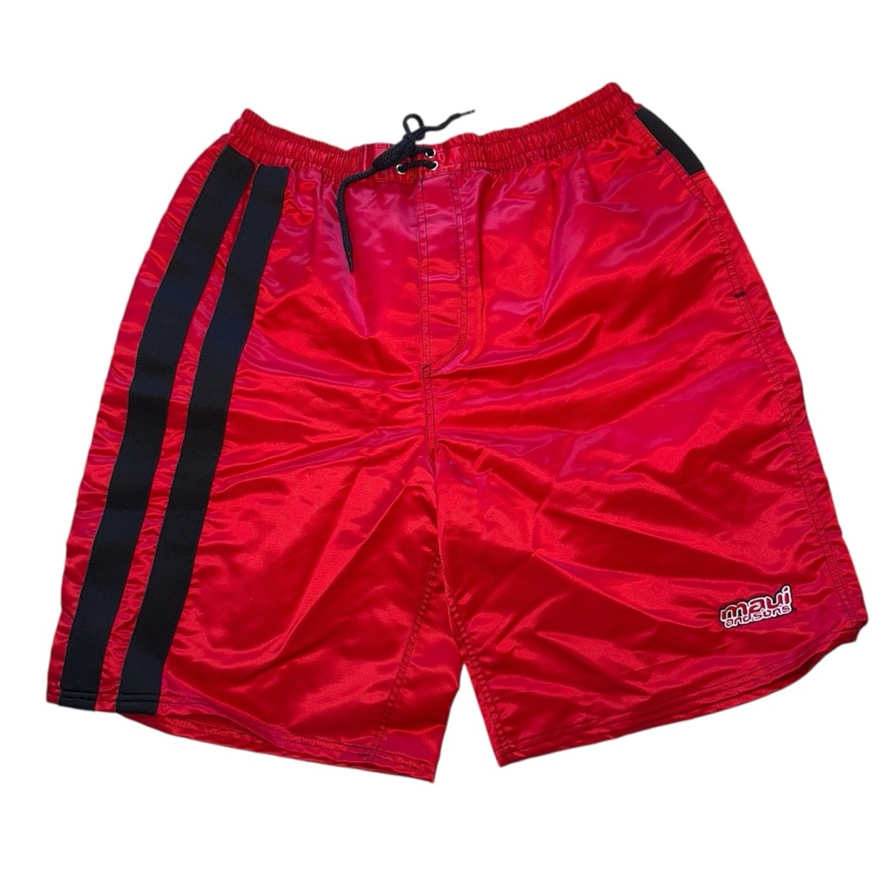 Vintage Men's Maui & Sons Sample Swim Board Shorts Red/Black Striped (M) NEW